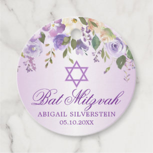 Purple Floral Star David Bat Mitzvah Thank You Favour Tags
