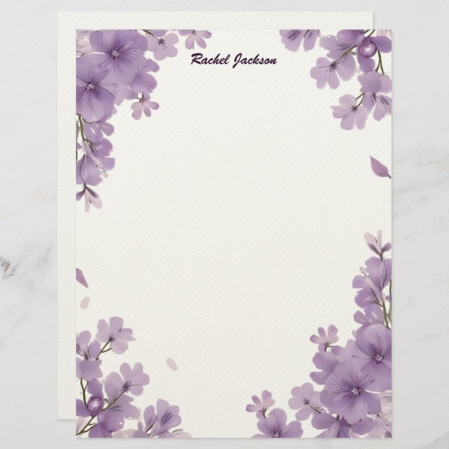 Purple Floral Stationery Paper Custom Letterhead (Front/Back)