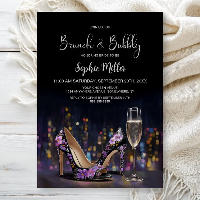 Purple Floral Stiletto Shoes Brunch and Bubbly Invitation (Creator Uploaded)