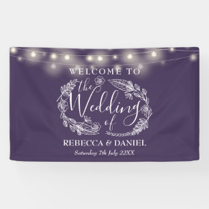 Purple Floral String Lights Script Wedding Banner