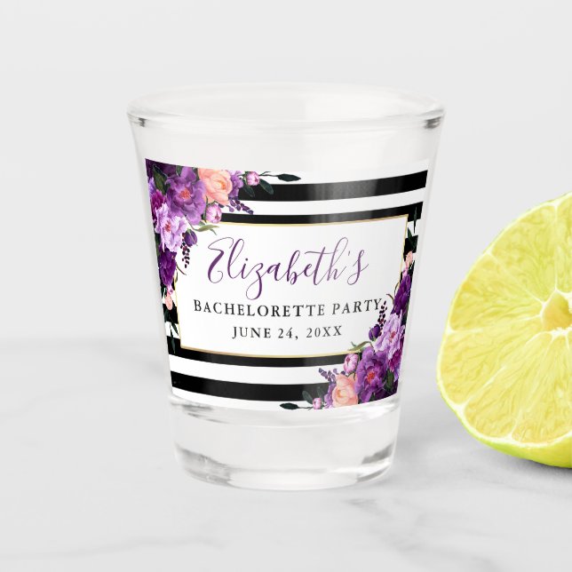 Purple Floral Striped Bachelorette Party Shot Glass (Front)