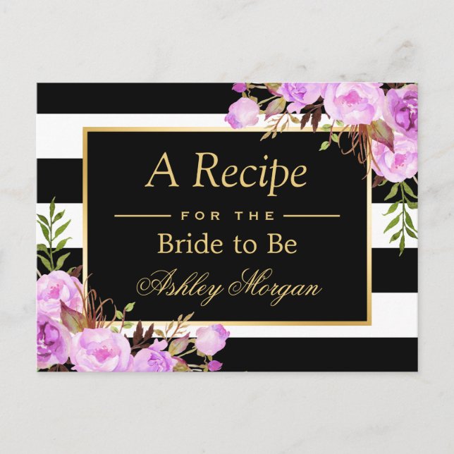 Purple Floral Stripes Bridal Shower Recipe Card (Front)