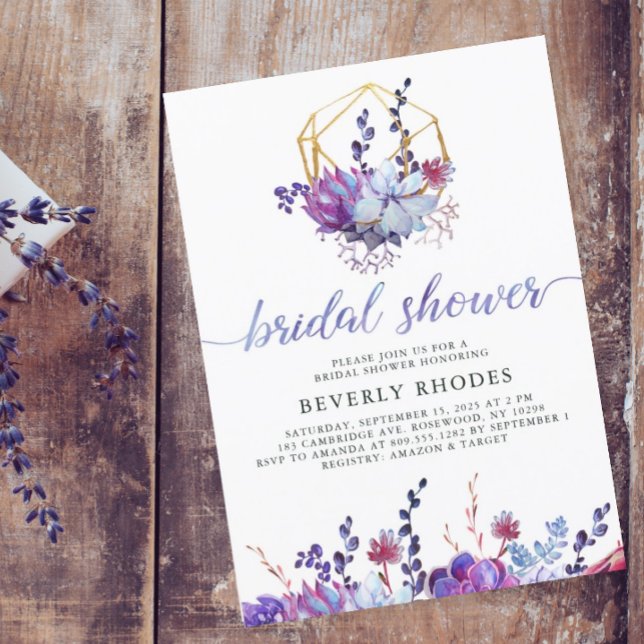 Purple Floral Succulent Bridal Shower Invitation (Creator Uploaded)