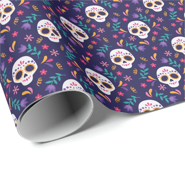 Purple Floral Sugar Skull Pattern Wrapping Paper (Roll Corner)