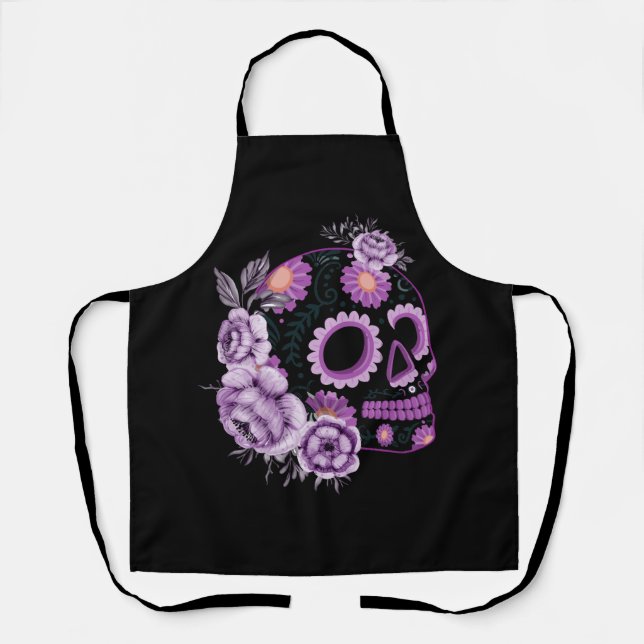 Purple Floral Sugar Skull Souls Day Muertos Day Of Apron (Front)
