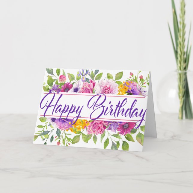 Purple Floral Summer Happy Birthday Card (Front)