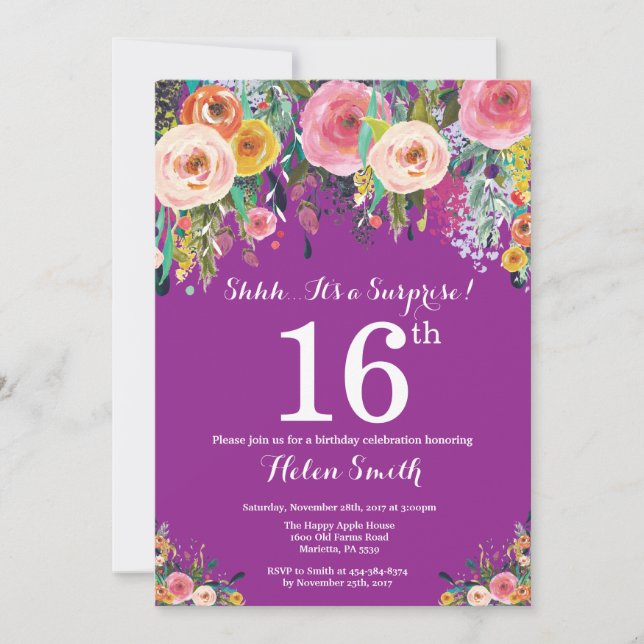 Purple Floral Surprise 16th Birthday Invitation (Front)