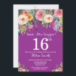Purple Floral Surprise 16th Birthday Invitation<br><div class="desc">Purple Floral Surprise 16th Birthday Invitation for Girl. Watercolor Floral Flower. Purple Lilac Lavender Violet Background. Pink, Yellow, Orange, Purple Flower. Adult Birthday. 13th 15th 16th 18th 20th 21st 30th 40th 50th 60th 70th 80th 90th 100th, Any Ages. For further customisation, please click the "Customise it" button and use our...</div>