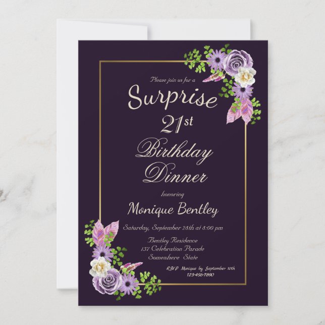 Purple Floral Surprise 21st Birthday Dinner Invitation (Front)