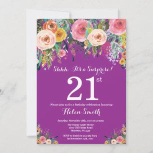 Purple Floral Surprise 21st Birthday Invitation