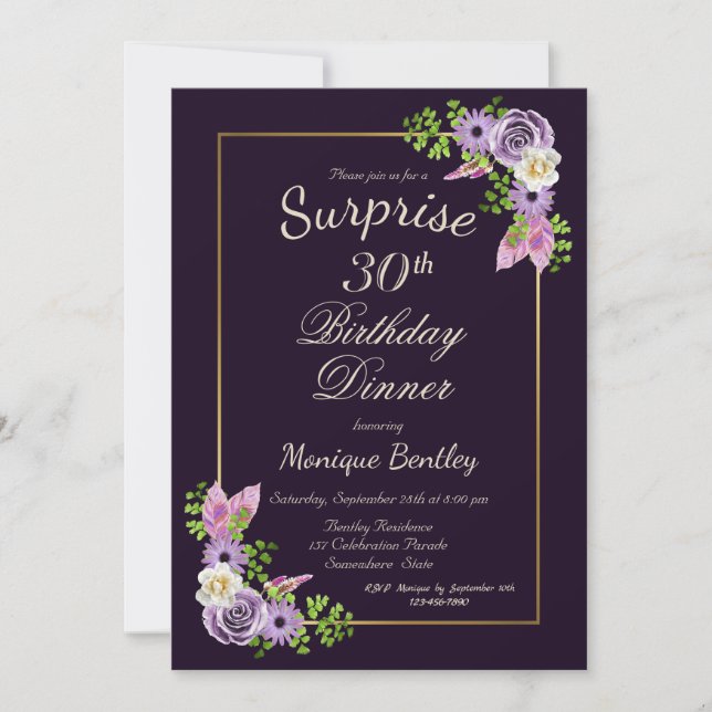 Purple Floral Surprise 30th Birthday Dinner Invitation (Front)