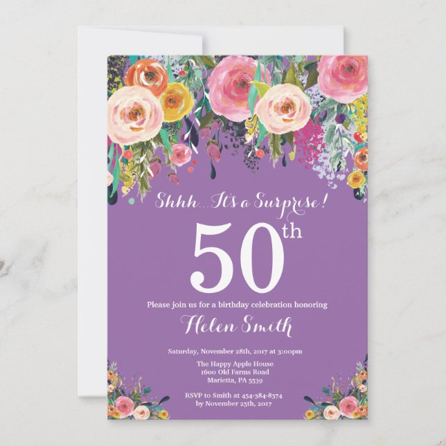 Purple Floral Surprise 50th Birthday Invitation (Front)