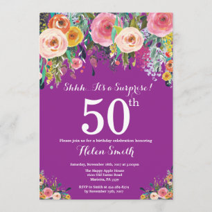 Purple Floral Surprise 50th Birthday Invitation