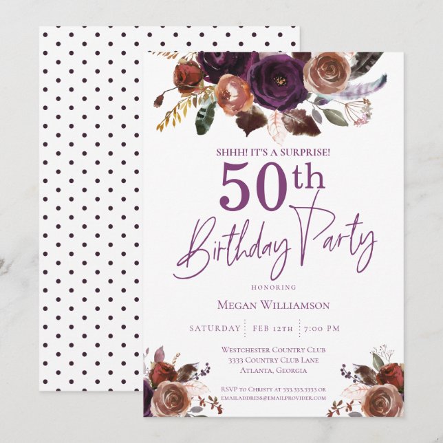 Purple Floral Surprise 50th Birthday Party Invitation (Front/Back)