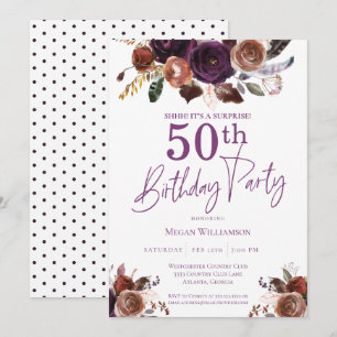 Purple Floral Surprise 50th Birthday Party Invitation