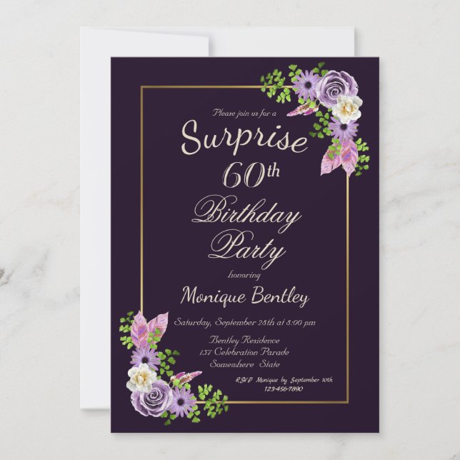 Purple Floral Surprise 60th Birthday Party Invitation (Front)