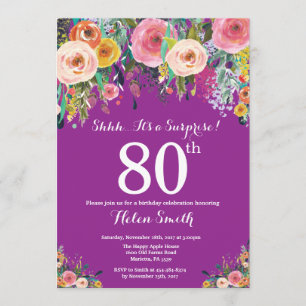 Purple Floral Surprise 80th Birthday Invitation