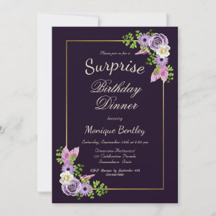 Purple Floral Surprise Birthday Dinner Invitation