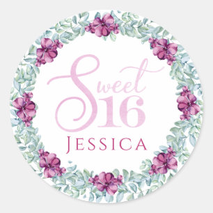 Purple Floral Sweet 16 Classic Round Sticker