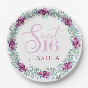 Purple Floral Sweet 16 Paper Plate