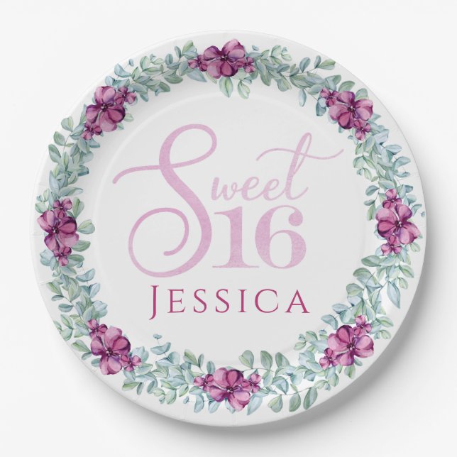 Purple Floral Sweet 16 Paper Plate (Front)