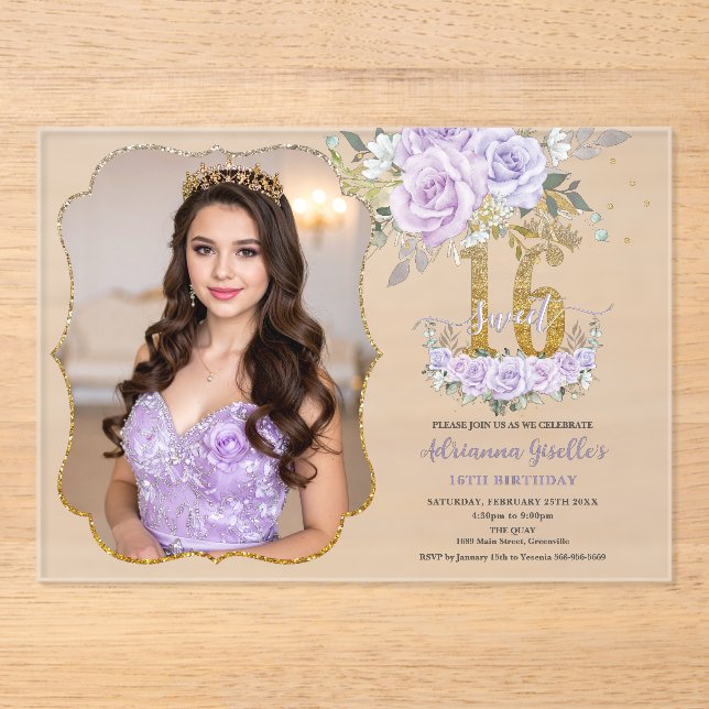 Purple Floral Sweet Sixteen 16th Birthday Photo Acrylic Invitations (Front)