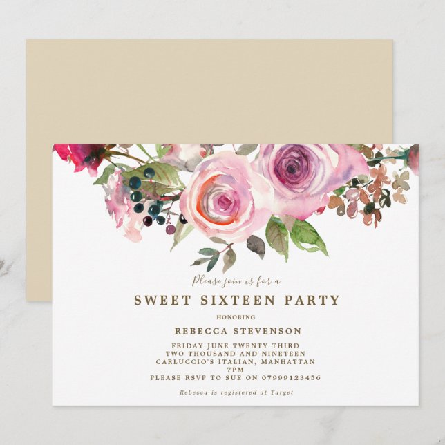 purple floral sweet sixteen party invitation (Front/Back)