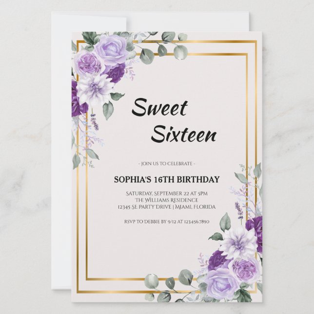 Purple Floral Sweet Sixteen with Gold Frame Invitation (Front)