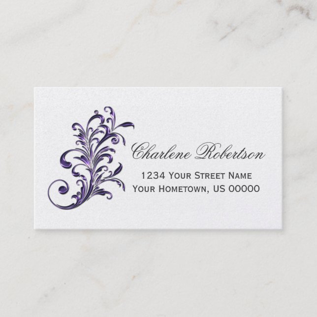 Purple Floral Swirls on Silver Business Card (Front)