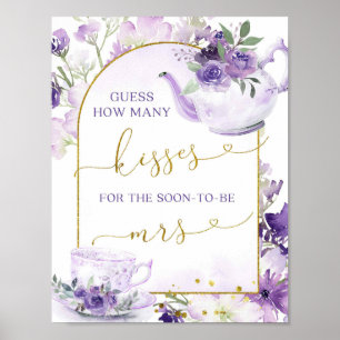 Purple Floral Tea How Many Kisses Bridal Games Poster