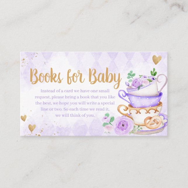 Purple Floral Tea Party Baby Shower Books for Baby Enclosure Card (Front)