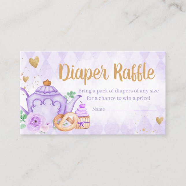 Purple Floral Tea Party Baby Shower Diaper Raffle Enclosure Card (Front)