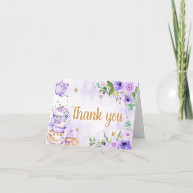 Purple Floral Tea Party Baby Shower Thank you Card (Front)