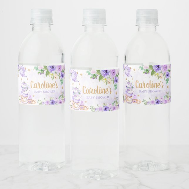 Purple Floral Tea Party Baby Shower Water Bottle Label (Bottles)