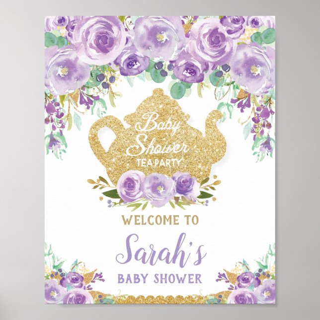 Purple Floral Tea Party Baby Shower Welcome Sign (Front)