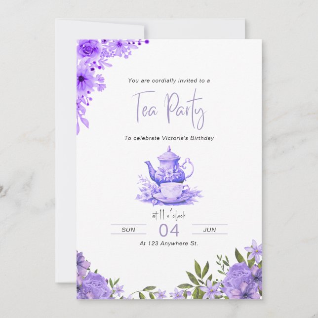 Purple Floral Tea Party Birthday Invitation (Front)