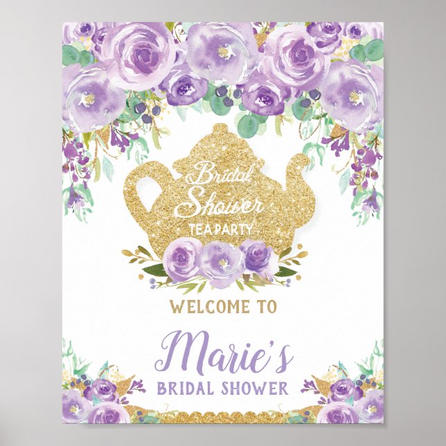 Purple Floral Tea Party Bridal Shower Welcome Sign (Front)