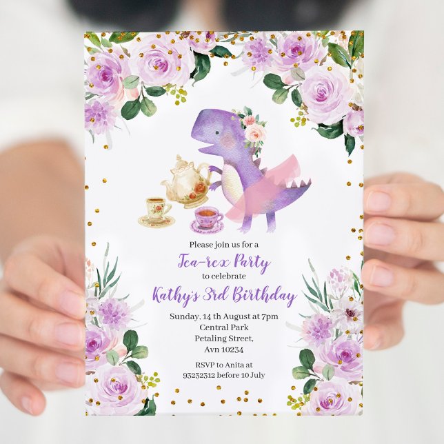 Purple Floral Tea Party Dinosaur 3rd Birthday  Invitation (Creator Uploaded)