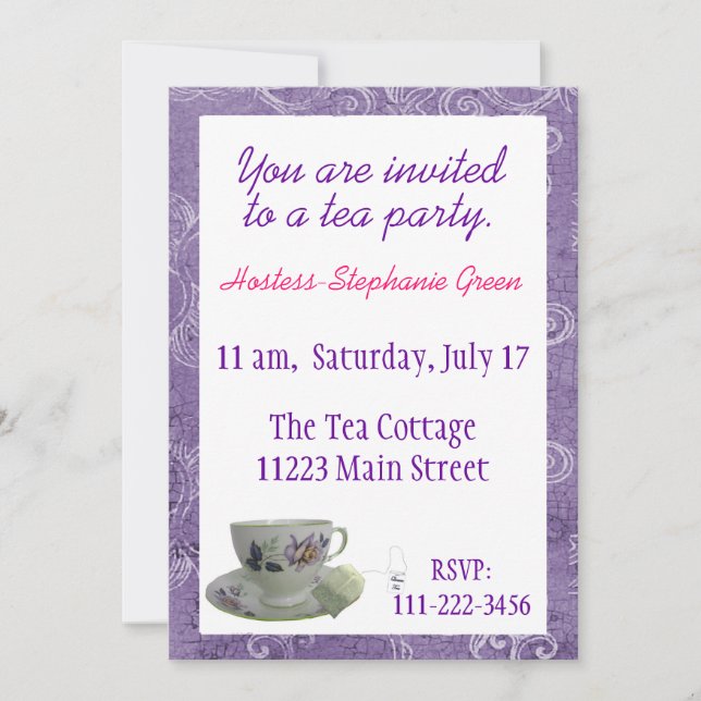 Purple Floral Tea Party Invitation (Front)