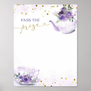 Purple Floral Tea Pass the Prize Bridal Games Poster