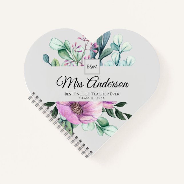 Purple Floral TEACHER Gift - Add Name Class Year Notebook (Front)