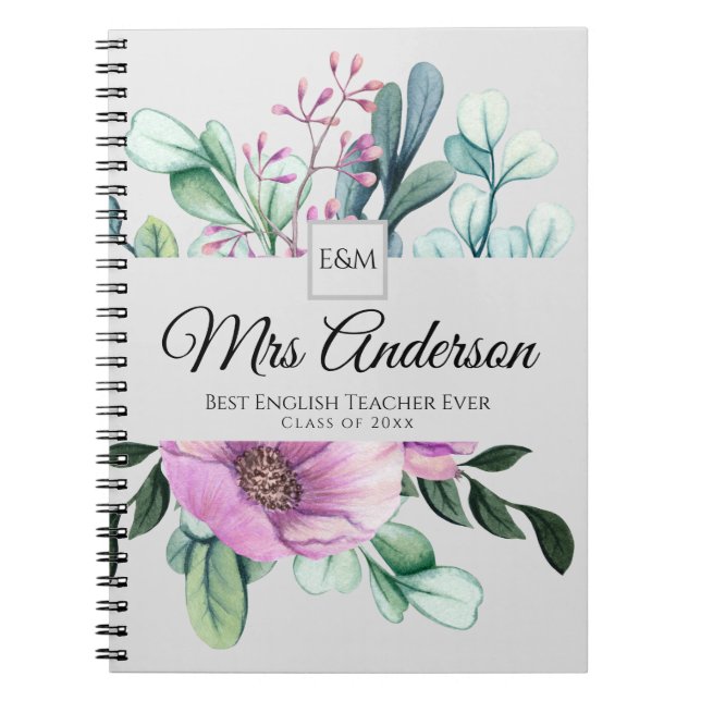 Purple Floral TEACHER Gift - Add Name Class Year Notebook (Front)