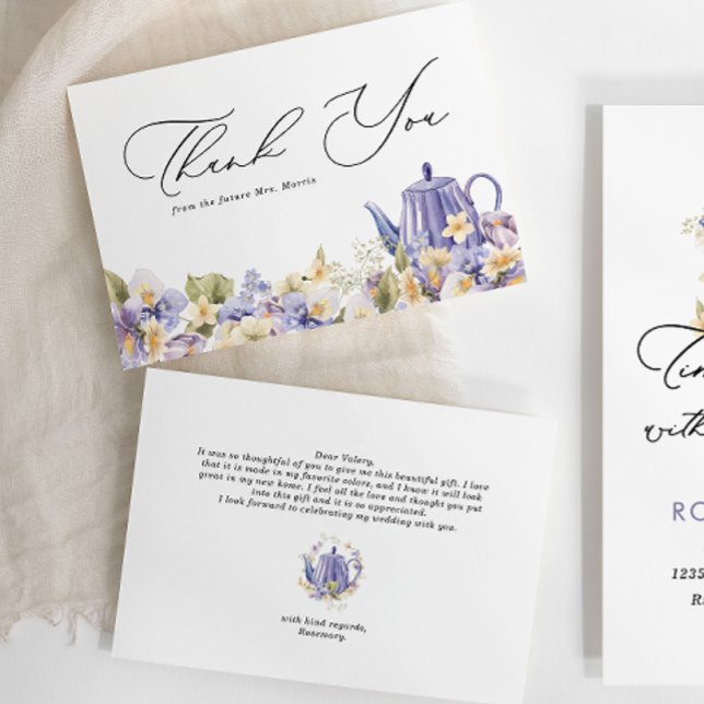 Purple Floral Teapot Bridal Tea Thank You Enclosure Card (Creator Uploaded)