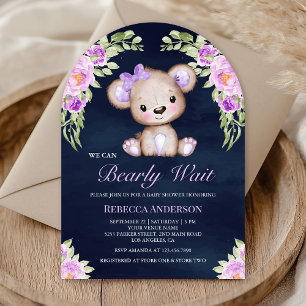Purple Floral Teddy Bear Arch Navy Baby Shower Invitation