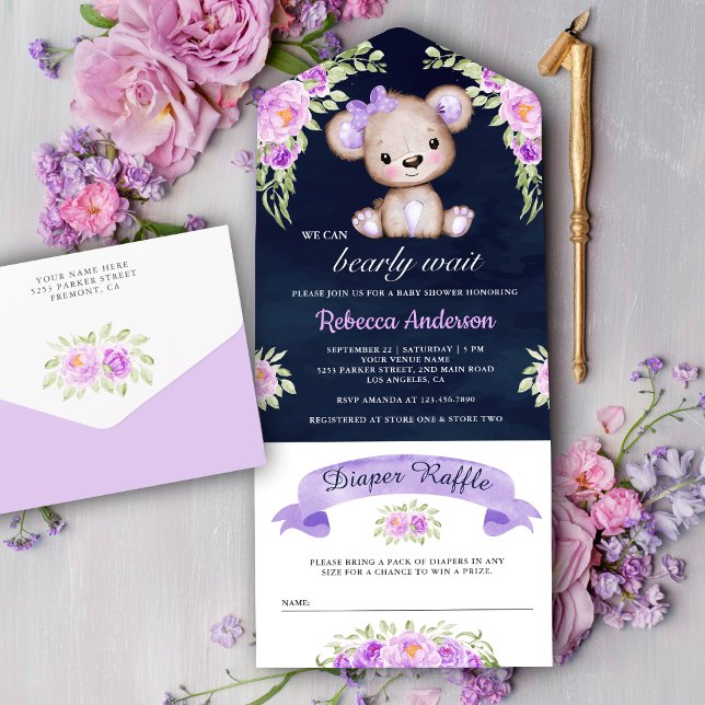 Purple Floral Teddy Bear Navy Blue Baby Shower All In One Invitation (Creator Uploaded)