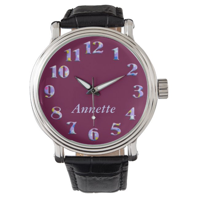 Purple floral textile big numbers with name watch (Front)