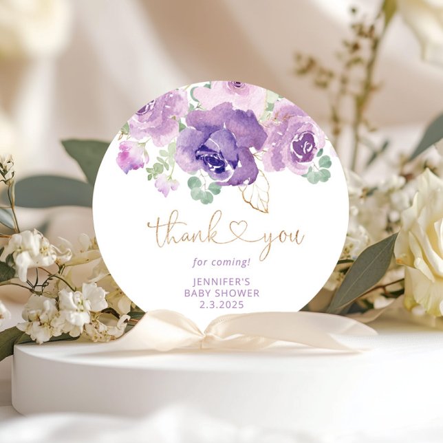 Purple floral thank you classic round sticker (Creator Uploaded)