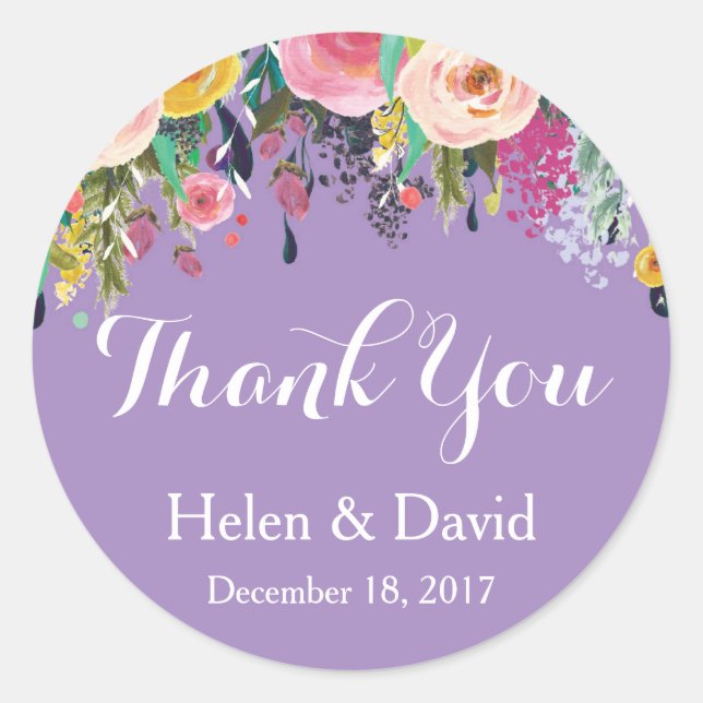 Purple Floral Thank You Wedding Favour Stickers (Front)