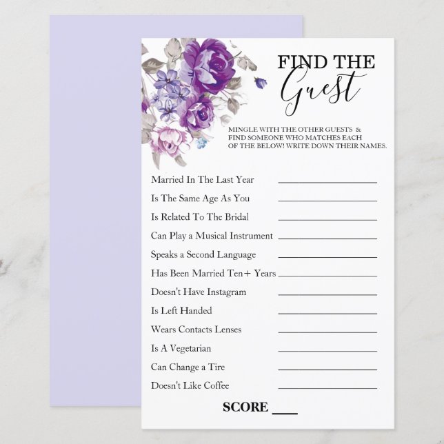 Purple Floral Theme Find The Guest Game (Front/Back)