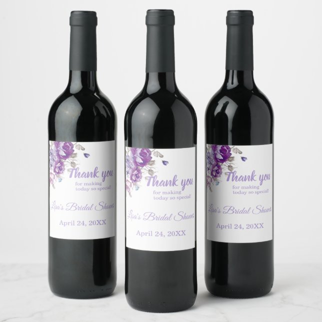 Purple Floral Theme Thank You Wine Bottle Stickers (Bottles)